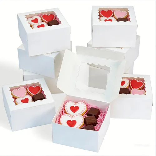 Miniatura 10 de XINHPKGG 100 cajas de galletas de 4 x 4 x 2.5 pulgadas, cajas de panadería con ventana, caja de postre para recuerdos de boda, fiesta, color marrón