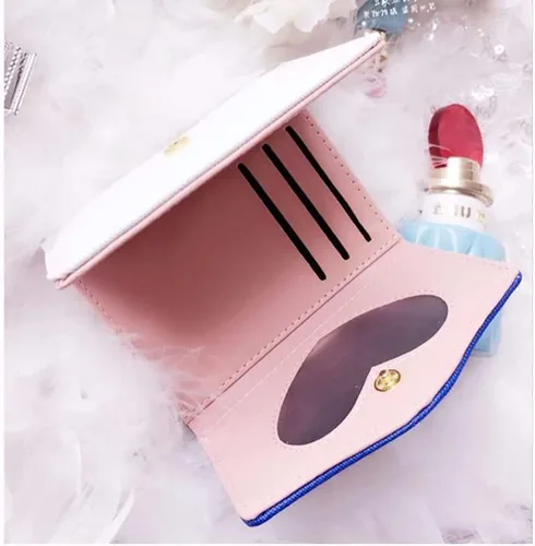 Miniatura 3 de Sailor Moon - Cartera pequeña de piel sintética con lazo Kawaii Tsukino Usagi triple para tarjetas de crédito para niñas, Azul oscuro, Lindo