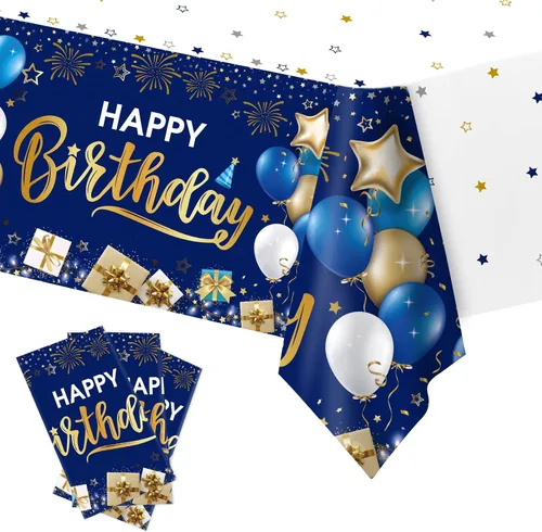 DUAIAI Decoraciones de feliz cumpleaños, 3 manteles de cumpleaños azul marino y dorado para niños, niñas, hombres y mujeres, funda de mesa