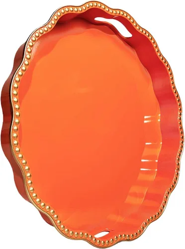 Miniatura 17 de Bandeja decorativa azul para mesa de café, bandeja de servir redonda de plástico con cuentas para encimera de cocina, otomana, sala de estar, (13")