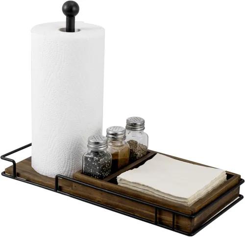 MyGift Soporte para toallas de papel con servilletero y 3 mezcladores de especias, dispensador de rollos de papel de metal negro mate rústico de