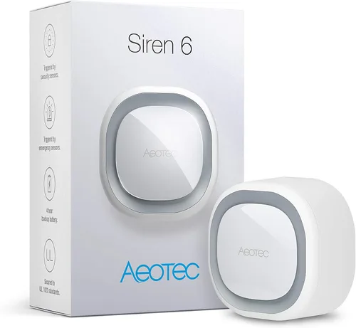 Aeotec Siren 6, Z-Wave Plus S2 habilitado Zwave Siren Altavoz de seguridad, sonido y luz montado en la pared, alarma Zwave con batería de respaldo,
