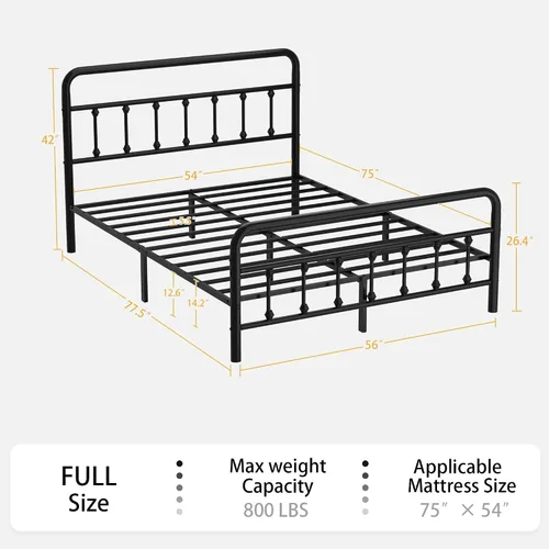 Miniatura 2 de Marco de cama de plataforma de metal, cama de hierro de estilo victoriano con cabecero, marco resistente y listones, almacenamiento debajo