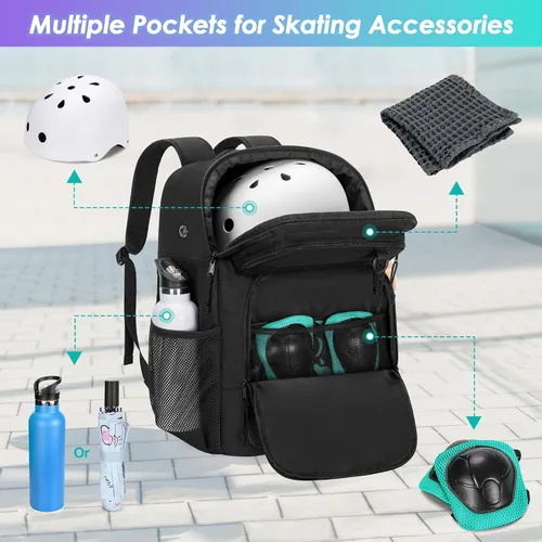 Miniatura 3 de GOBUROS Skate Bag Fits Up to Us - Mochila de patinaje con múltiples bolsillos para accesorios, bolsa de patinaje en línea para hombres y mujeres