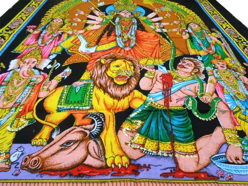Miniatura 2 de CraftsofIndia® Goddess Durga Killing Mahishasura Sequins sitara - Pintura de algodón para colgar en la pared, tamaño 43 x 30 pulgadas