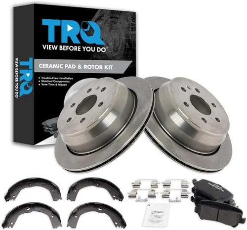 Miniatura 130 de TRQ Kit de pastillas de freno y rotor Posi trasero premium con zapatas de estacionamiento para camión GM SUV