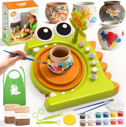 HAYXUN Kit de rueda de cerámica de dinosaurio para niños, kit de artes y manualidades, juguetes para niños y niñas, kit de herramientas de rueda de