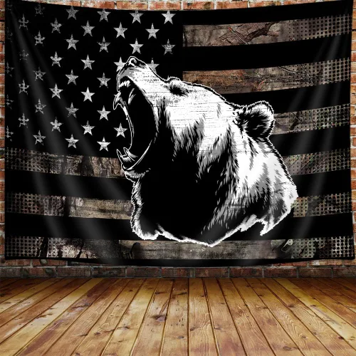 Tapiz de oso de bandera estadounidense de país, tapiz rústico de caza de oso de bajo camuflaje blanco y negro para colgar en la pared para hombres,
