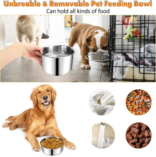Miniatura 6 de Cuenco de agua para jaula de perro, 3 pzas cuencos de acero inoxidable para perros, cuenco de metal duradero antiderrames para mascotas para jaula