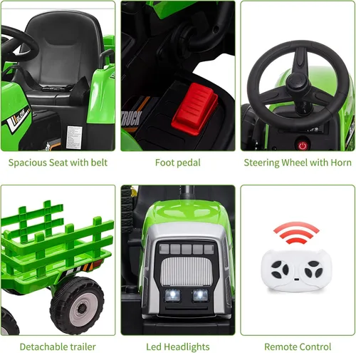 Miniatura 2 de Tractor de paseo para niños con remolque verde y control remoto, vehículo eléctrico con batería de 12V para niños pequeños con arranque lento, 7