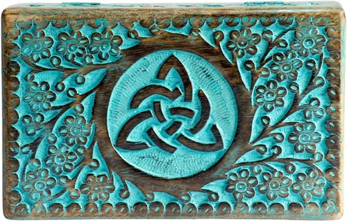 Village Handwork Joyero de madera de 8 x 5 pulgadas Caja de recuerdo de almacenamiento de color azul turquesa con diseño de corazón celta tallado a
