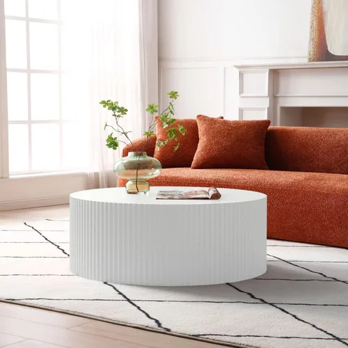 Miniatura 7 de Mesa de centro redonda blanca moderna grande redonda mesa auxiliar de madera para sala de estar, oficina, apartamento Redondo-35.43" Blanco