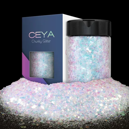 Ceya Purpurina gruesa, 4.9 onzas/4.94 oz de purpurina blanca iridiscente para manualidades, mezcla de lentejuelas finas y metálicas para uñas, copos