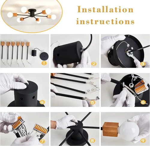 Miniatura 5 de Lámpara de techo de madera semiempotrada, 6 luces, lámpara Sputnik de madera rústica, iluminación de techo estilo granja, roble y negro con E26