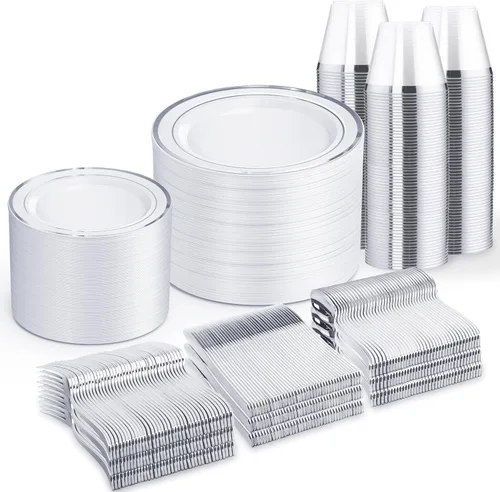 Miniatura 18 de WELLIFE Juego de vajilla desechable de 600 piezas color dorado y blanco para 100 invitados, platos de plástico blanco con borde dorado, platos