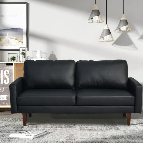 Miniatura 2 de INSTORY Sofá de cuero Sofá moderno con patas de madera para sala de estar, oficina - negro