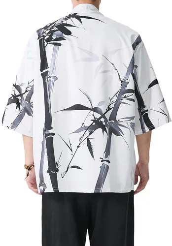 Miniatura 7 de PRIJOUHE Chaqueta Kimono Ligera para Hombre de Manga Tres Cuartos con Frente Abierto Cárdigan Estilo Japonés