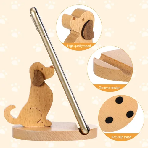 Miniatura 5 de Didiseaon Soporte de madera para teléfono celular con forma de cachorro, soporte para teléfono inteligente, soporte para tableta, soporte manos