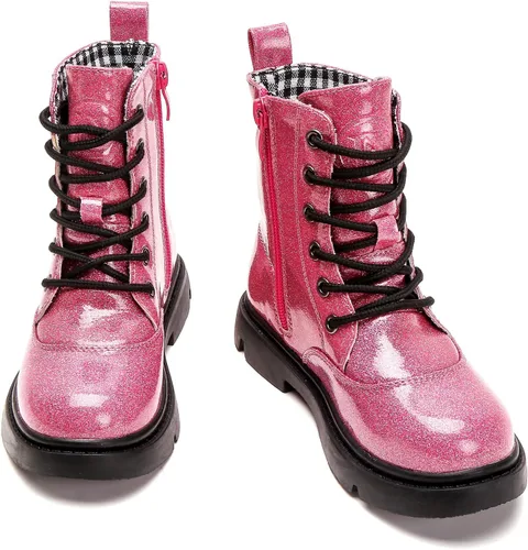 DADAWEN Botas de combate impermeables con cordones y purpurina a media pantorrilla con cremallera lateral para niños pequeños, niños grandes