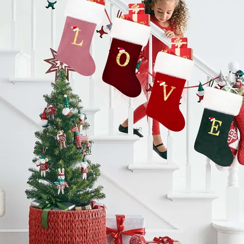 Miniatura 5 de Calcetines de Navidad bordados de 20 pulgadas con monograma, terciopelo negro con puño de felpa blanca supersuave, adornos clásicos para decoración