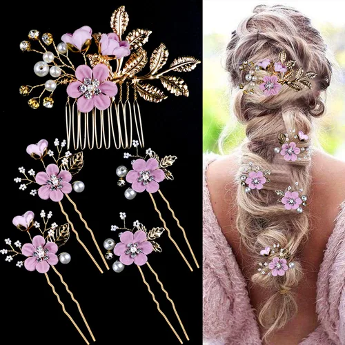 Miniatura 11 de 5 Piezas Horquillas de Flores Nupciales para Cabello de Boda Peines de Cabello de Cristal y Perla Clips Tocado Dorado Accesorios de Cabello de Boda