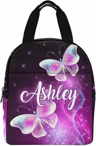 Miniatura 16 de InterestPrint Bolsa de almuerzo con nombre personalizado para hombres y mujeres, diseño de mariposa rosa y azul personalizada, caja de almuerzo