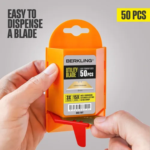 Miniatura 5 de Berkling - Cuchillas para cuchillo utilitario con revestimiento de titanio, 50 unidades con dispensador, SK2H afiladas con láser endurecidas, ultra
