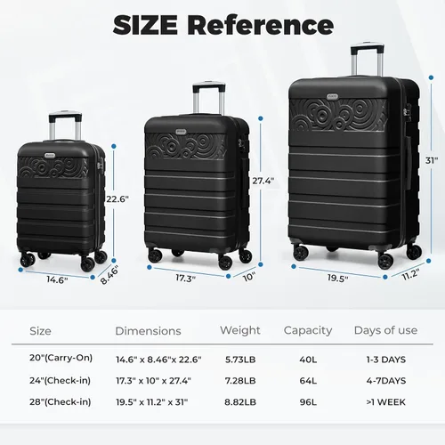 Miniatura 7 de Krute Equipaje con ruedas giratorias Maleta rígida PC ABS TSA Lock Ligero, Negro