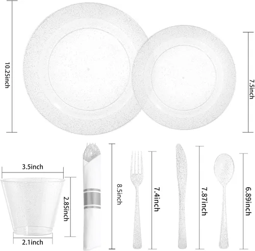 Miniatura 6 de DaYammi Juego de vajilla de 350 piezas con purpurina plateada, 50 invitados para fiesta, 50 platos llanos, 50 platos de postre, 50 servilletas
