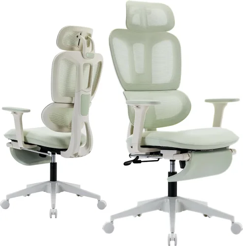 Silla de oficina ergonómica de malla con reposapiés retráctil, silla de computadora con respaldo alto, soporte lumbar, reposabrazos y reposacabezas