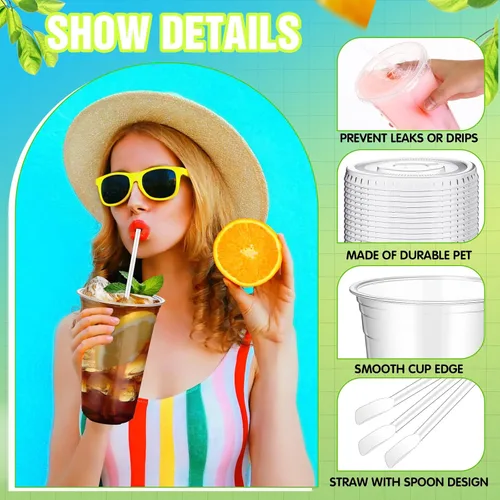 Miniatura 4 de Eaasty Juego de 50 vasos de plástico transparente de 20 onzas con cuchara, pajitas y tapas planas, desechables, para café helado, postre, yogur