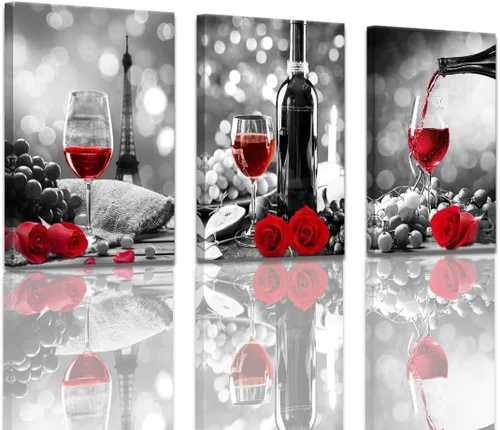 Miniatura 10 de Decoración de vino para cocina, arte en lienzo con rosas de vino tinto, arte para paredes del hogar, blanco y negro, con pintura de vino tinto, arte
