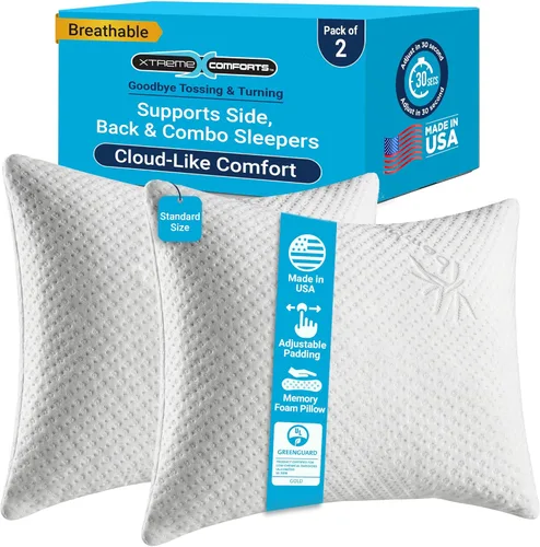 Xtreme Comforts Almohadas de cama para dormir (paquete de 2) | Almohadas ajustables de espuma viscoelástica triturada con funda de enfriamiento