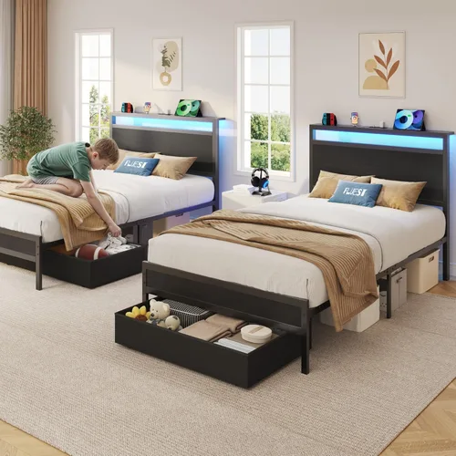 Miniatura 8 de Fluest Base de cama individual, base de cama individual con cabecera de almacenamiento y cajón de almacenamiento, estación de carga y luz LED,