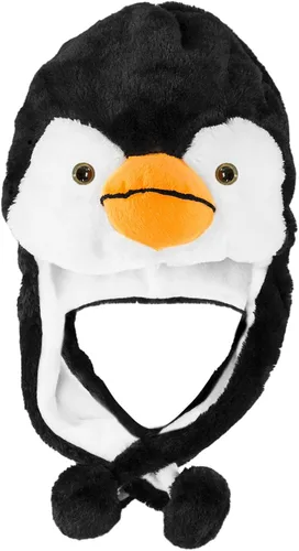 Gorro de esquí de invierno con diseño de pingüino de felpa estilo aviador, pantalones cortos de invierno, color negroblanco, Negro -
