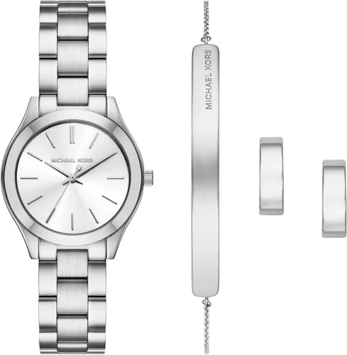 Michael Kors Set de regalo de reloj de pulsera de acero inoxidable de tres manecillas Slim Runway para mujer (Modelo: MK7563SET)