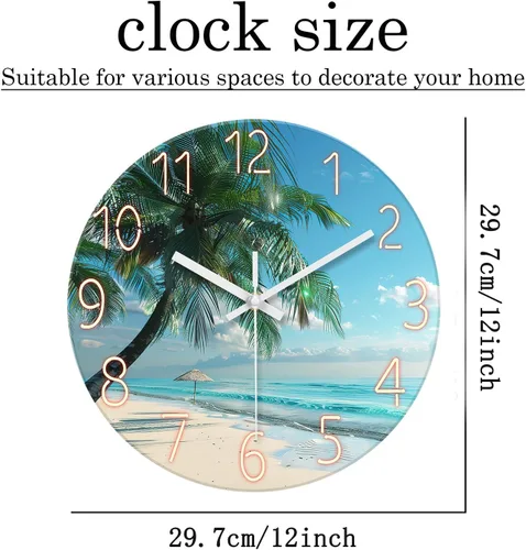 Miniatura 5 de XFM Reloj de pared de playa, silencioso, sin tictac, funciona con pilas, reloj de pared de 12 pulgadas con palmera tropical azul océano azul Blue7