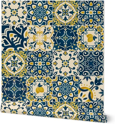 Papel tapiz para despegar y pegar – Azulejos amarillos Limones Cheater Quilt Italiano Mediterráneo Azulejos Siciliano Karge Escala Toscana, Papel