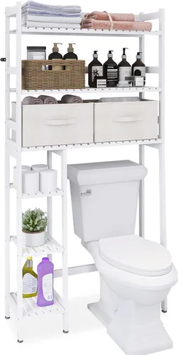 SMIBUY Almacenamiento sobre el inodoro con cajones, estante organizador grande de baño para ahorrar espacio, soporte independiente detrás del Blanco