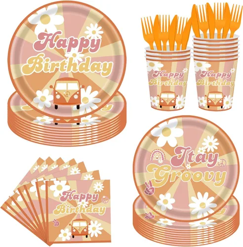 Juego de vajilla de 144 piezas para fiesta de cumpleaños, decoración de fiesta de cumpleaños, estilo retro, bohemio, hippie, decoraciones de fiesta,