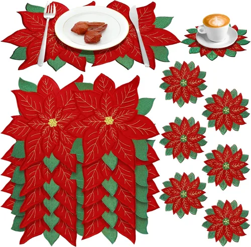 Tudomro 12 piezas de manteles individuales bordados de Navidad con flor de Nochebuena y juego de 6 posavasos bordados rojos, manteles individuales