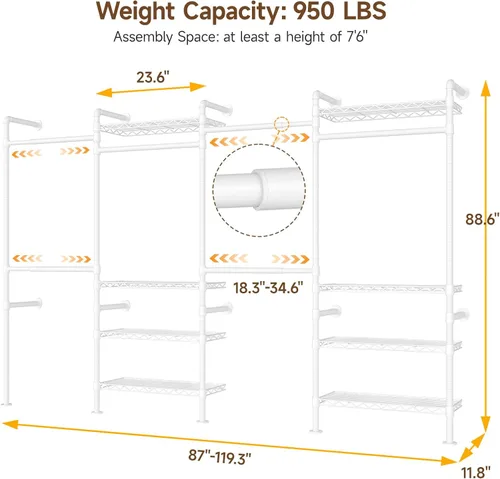 Miniatura 3 de ONBRILL H4 - Sistema de armario para montaje en pared, perchero industrial expandible para colgar ropa, organizador de armario resistente y Blanco