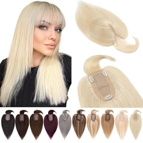 Miniatura 17 de SEGOHAIR Toppers de cabello humano real con flequillo, 2.8 x 5.1 in, base de seda con clip, piezas superiores de Wiglet añaden volumen, 6 pulgadas