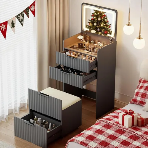 Miniatura 14 de Escritorio de tocador 3 en 1 con espejo abatible y luces, mesa de tocador de maquillaje con parte superior de vidrio con estación de carga, tocador