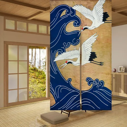 Miniatura 4 de LIGICKY Cortina de puerta Noren japonesa retro de lino blanco con estampado de ondas azules, tratamiento de ventana asiática, tapiz de puerta