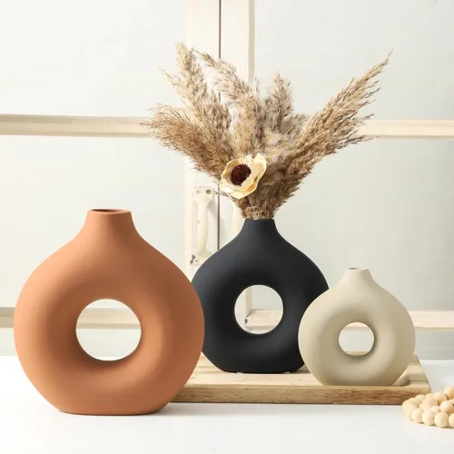 Miniatura 7 de Juego de 3 jarrones de cerámica Vanselia para decoración de mesa del hogar - Jarrones florales pequeños para centro de mesa de sala de estar, Óxido