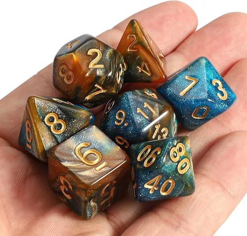 Miniatura 7 de CiaraQ DND - Juego de dados poliédricos con una bolsa de dados negra para juegos de mesa de rol D&D RPG MTG Azul mezclado con marrón + purpurina