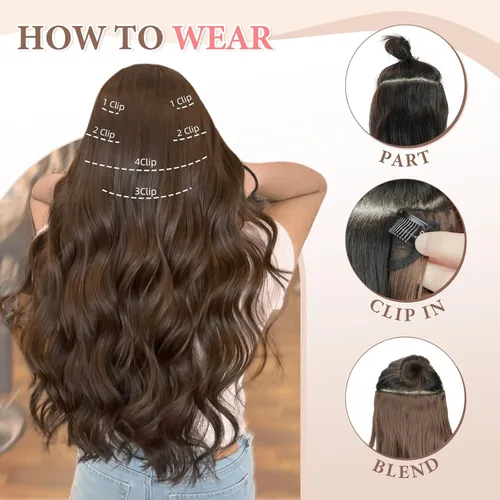 Miniatura 4 de Fliace Extensiones de cabello con pinza para mujer, castaño claro, ondas largas, extensiones de cabello sintético, suaves y naturales, gruesas, 6