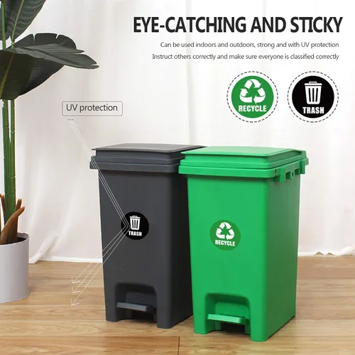Miniatura 2 de Calcomanías autoadhesivas con logotipo de reciclaje y basura, letreros redondos para botes de basura y contenedores de basura (6 unidades)