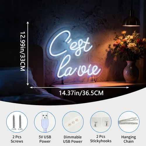 Miniatura 2 de C'est la vie Letrero de neón LED – Luz de neón blanca con texto en inglés «That's Life», alimentada por USB, decoración de mesa de pared